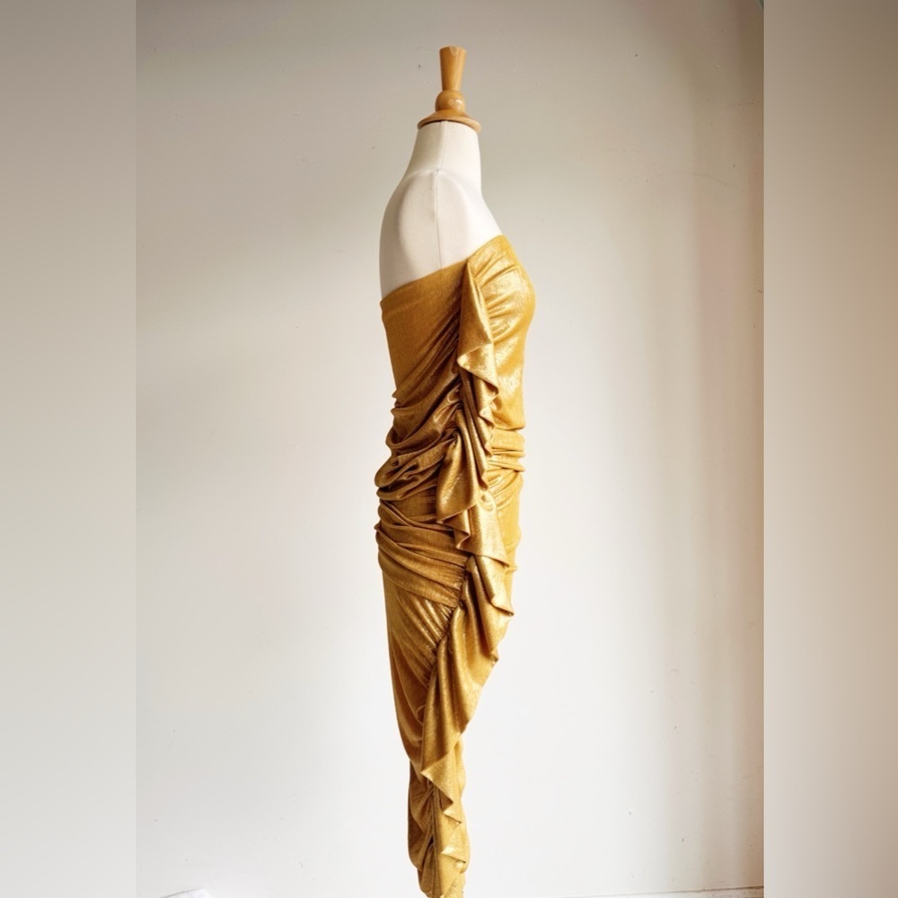 AKIRA Metallic Gold Strapless Midi Dress | Ruched Fringe Bodycon Size Small - Picture 4 of 7